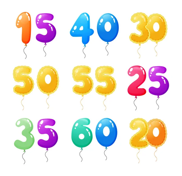 Feliz cumpleaños aniversario números globos dibujos animados vector — Vector de stock