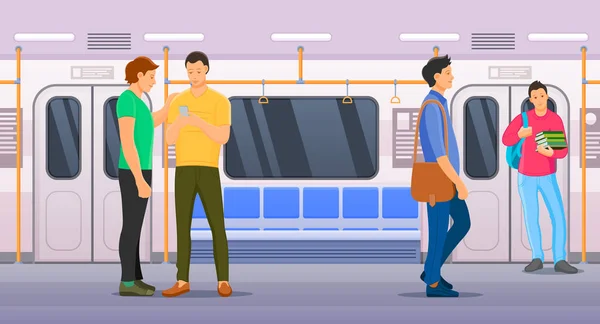 Lidé sedí a stojí uvnitř metra dopravy. — Stockový vektor