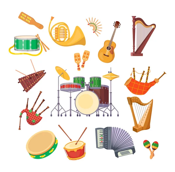 Set klassieke muziekmetal houten akoestische instrumenten — Stockvector