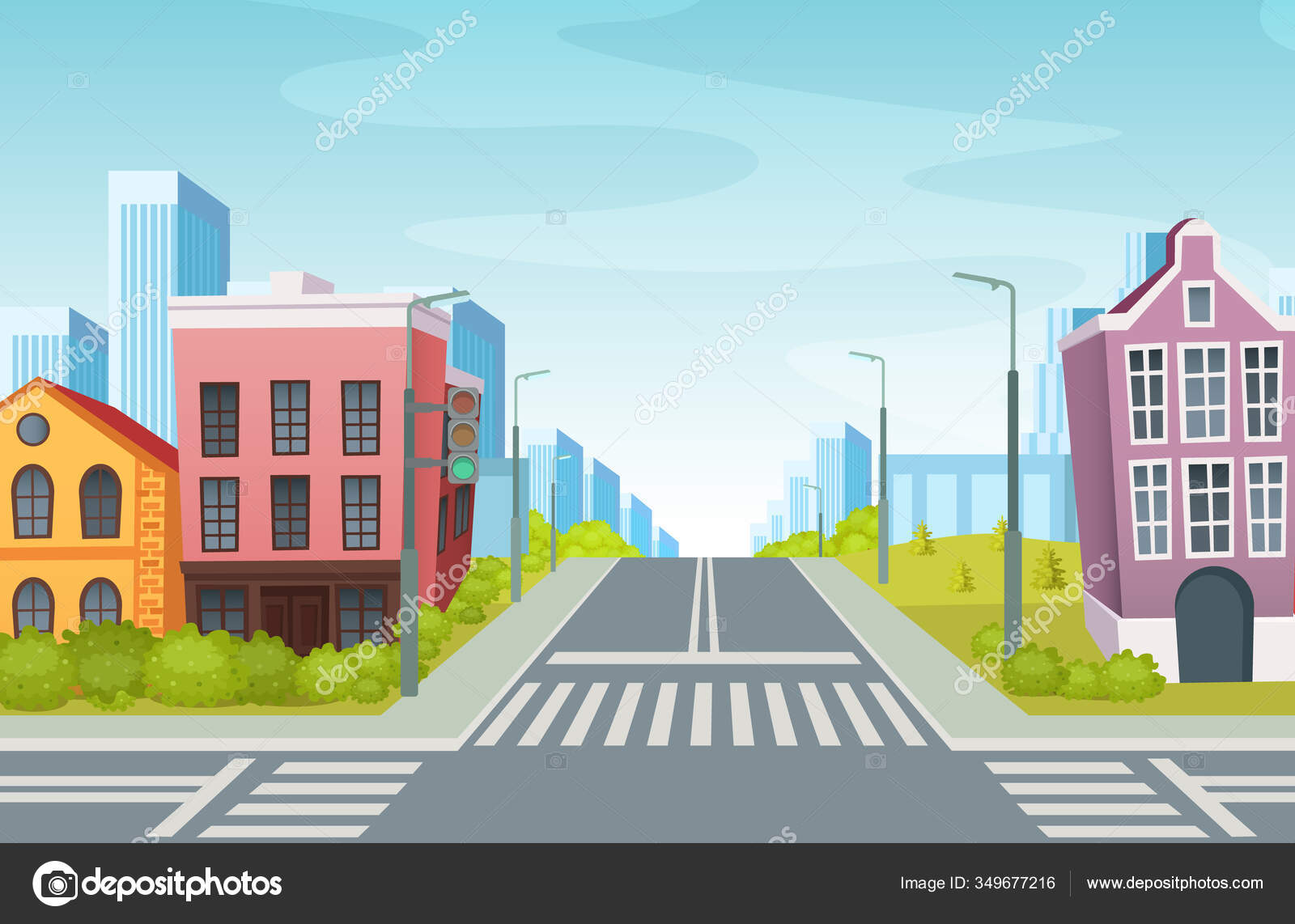 Urban landscape with empty urban street traffic road, sidewalk, crosswalk  Stock Illustration by ©ideyweb #349677216