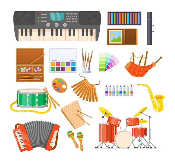 Kit de herramientas de artes de la pintura, suministros de artistas de diseño e instrumentos musicales clásicos — Archivo Imágenes Vectoriales