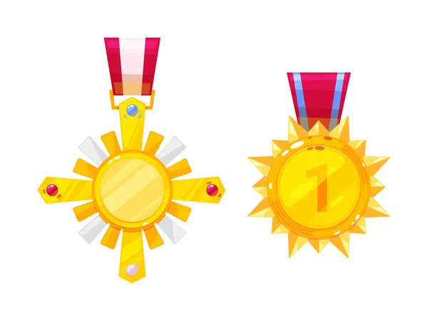 Золотая медаль, орден, награда, с красной лентой . — стоковый вектор