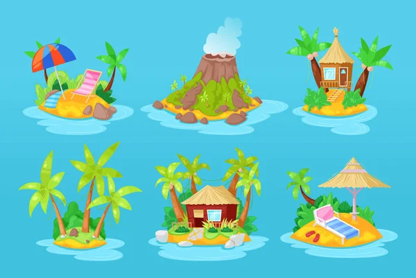 Tropische Inseln im Ozean mit Palmen, Bungalow, Vulkan, Wasserfall. — Stockvektor