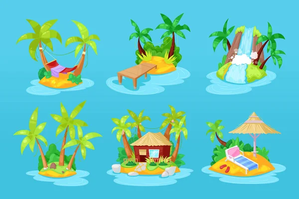 Conjunto de islas tropicales en el océano con palmera, bungalow, volcán, cascada . — Vector de stock