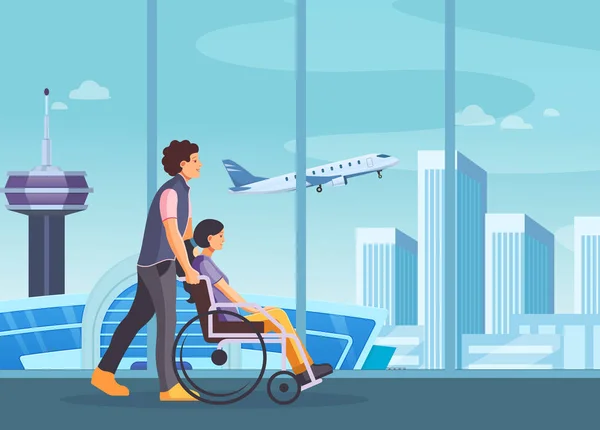 Man with disabled woman walking to board a plane. — Stock Vector