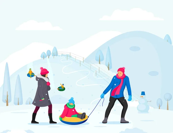 Vacances d'hiver en famille avec des enfants chevauchant sur des tubes à neige . — Image vectorielle