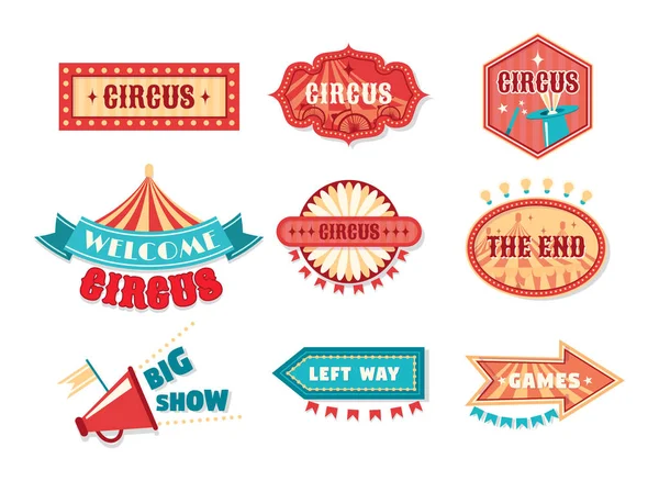 Etiquetas vintage de circo, placas de sinalização. Modelo de logotipo para carnaval — Vetor de Stock
