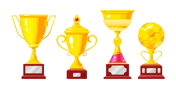 Gold cup, awards golden bowls on podium. — Stock Vector