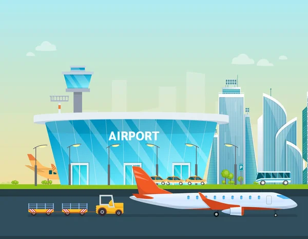 Repülőtéri terminál épület és repülőgépek, taxi, autó, rakodó. — Stock Vector