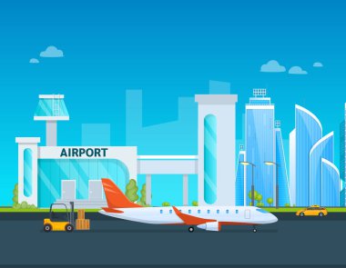 Havaalanı binası ve uçakları, taksi, araba, yükleyici.
