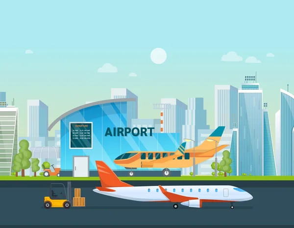 Aeropuerto edificio terminal y aviones, taxi, coche, cargador . — Vector de stock