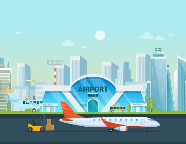 Aeropuerto edificio terminal y aviones, taxi, coche, cargador . — Vector de stock