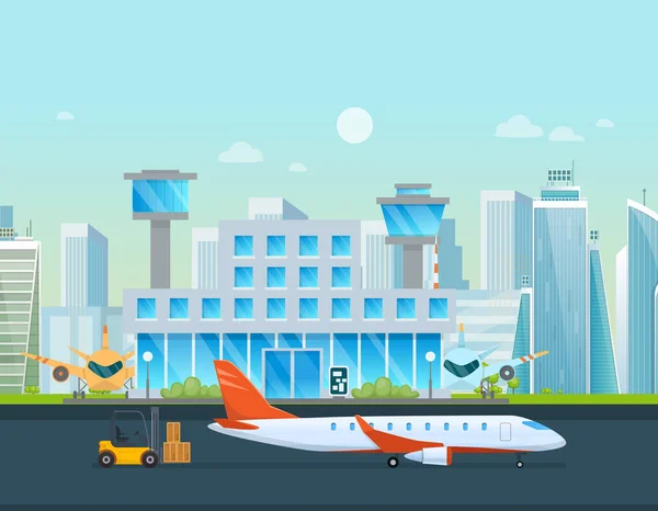Здание терминала аэропорта и самолеты, такси, автомобиль, погрузчик . — стоковый вектор