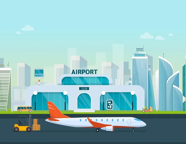Flygplatsterminal byggnad och flygplan, taxi, bil, lastare. — Stock vektor