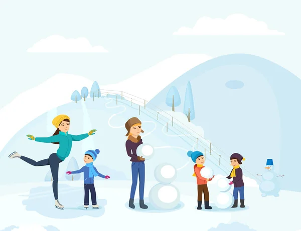 Grupo de personas con niños patinar y esculpir un muñeco de nieve al aire libre . — Vector de stock