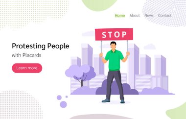 Protesting people man with placards with stop sign