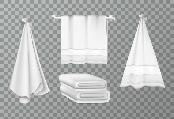 Пушистые полотенца на вешалках и сложены в стопку для ванной комнаты — стоковый вектор