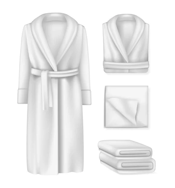 Blank bathrobe male and female, fluffy towel, cloths pemty template mock-up. — Stock vektor