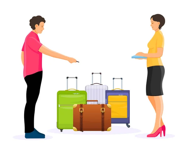 Man and woman count luggage, waiting to arrival and departure — 图库矢量图片