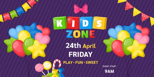 Kids Zone Unterhaltung kindisches Banner für Geburtstagsparty, Fun Party — Stockvektor