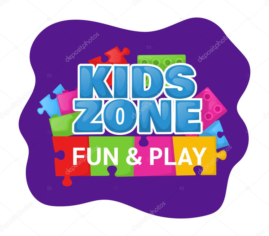 Kids zone entertainment childish banner label sticker badge logo. Cartoon colorful logo for childrens playroom decoration, fun play, kids zone vector illustration