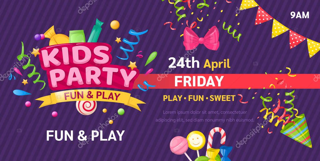 Kids zone entertainment childish banner for birthday party, childish fun party. Decoration for a childrens playroom, kids game room. Party invitation, flyer template vector illustration