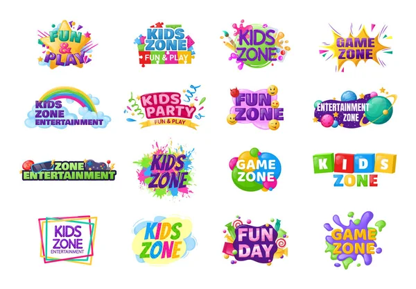 Kids zone entertainment set kindisch banner aufkleber abzeichen — Stockvektor