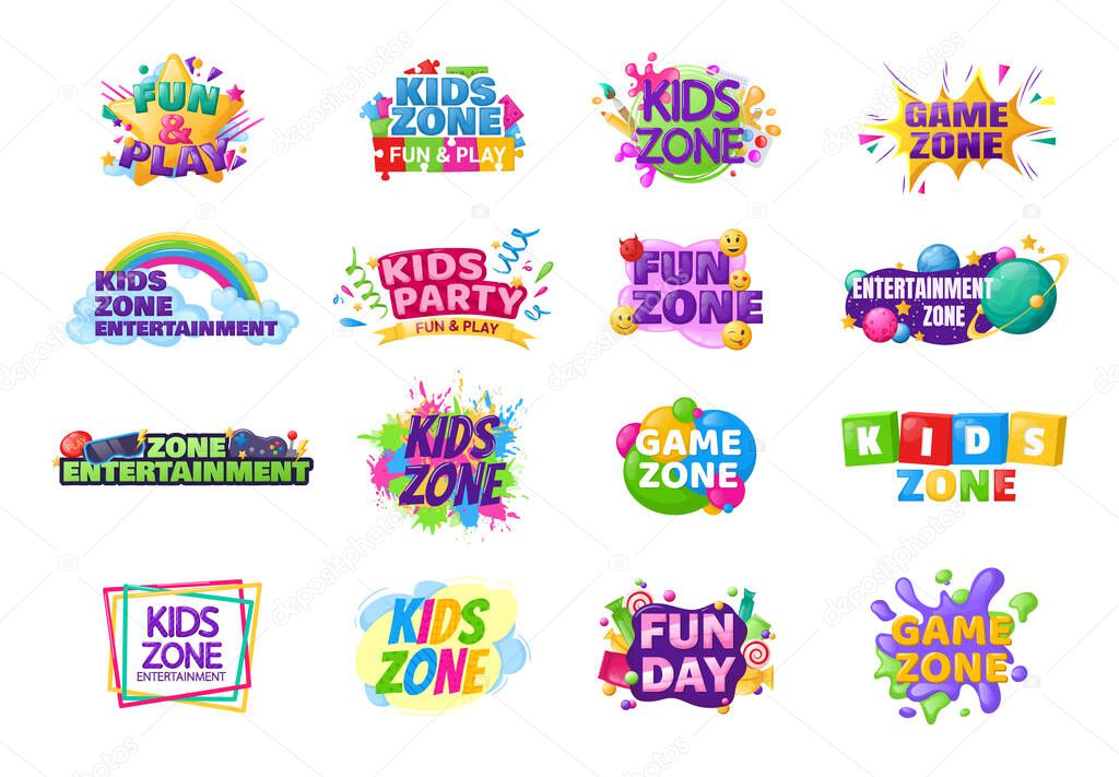 Kids zone entertainment set childish banner label sticker badge logo. Cartoon colorful logo for childrens playroom decoration, kids zone vector