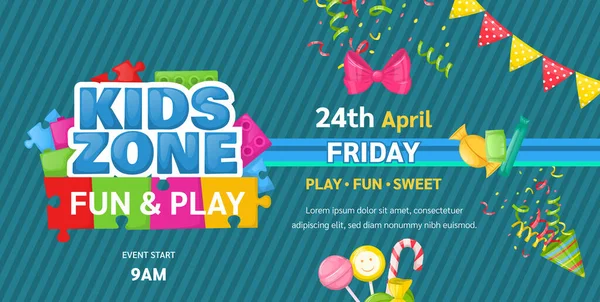 Kids Zone Unterhaltung kindisches Banner für Geburtstagsparty, Fun Party — Stockvektor