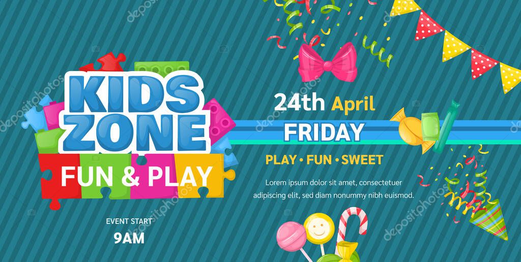 Kids zone entertainment childish banner for birthday party, childish fun party. Decoration for a childrens playroom, kids game room. Party invitation, flyer template vector illustration