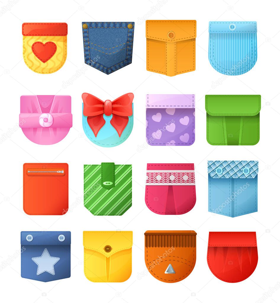 Colorful patch pockets for jeans, jackets, bags, shirt