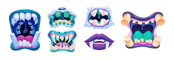 Vreselijke monstermonden. Enge lippen tanden en tong monsters. — Stockvector