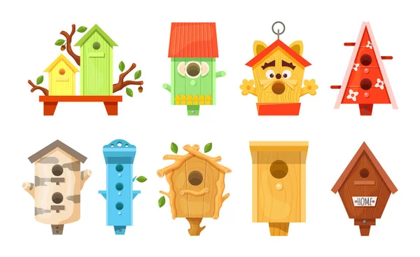 Decoratieve houten lente vogelhuisjes. Tuinvogelhuisjes voor het voeren van vogels. — Stockvector