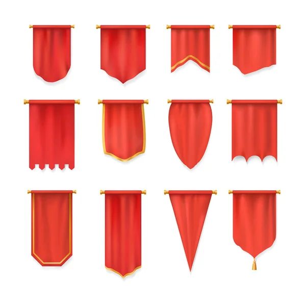 Realistisk röd vimpel textilflagga, heraldisk mall. Väggpennat mockup. — Stock vektor