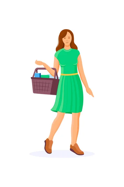 Meisje met mand kopen in handen, kiezen van kleding in de winkel. — Stockvector