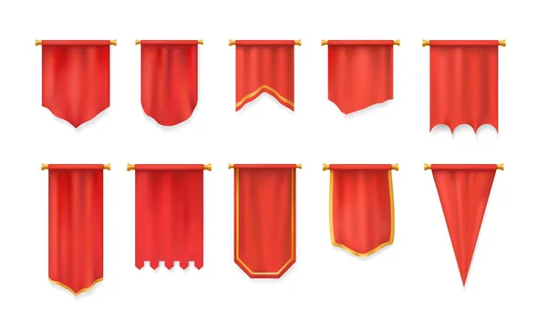 Bandeira têxtil pendente vermelho realista, modelo heráldico. Parede pennat mockup . — Vetor de Stock