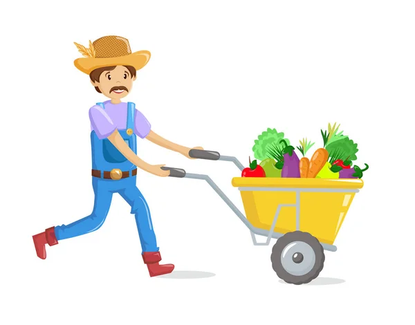 Farmář s vozíkem plným ovoce, zeleniny, pracující na polích. — Stockový vektor