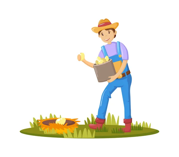 Landbouwersmand met eieren in de hand, in de tuin werkend. — Stockvector