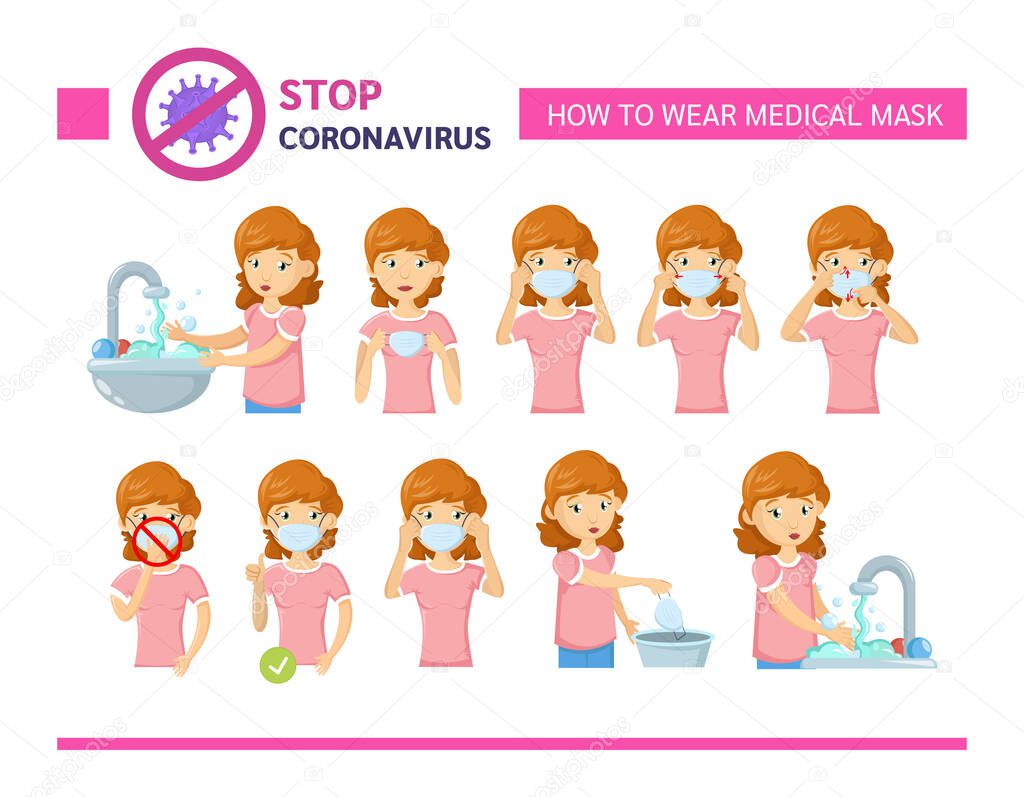 How to wear medical mask. Reduce the spread of coronavirus.
