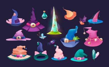 Set of wizard hats, old hat witch on halloween. clipart