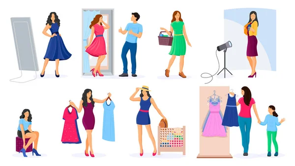 Femme faisant du shopping dans un magasin de vêtements vecteur — Image vectorielle