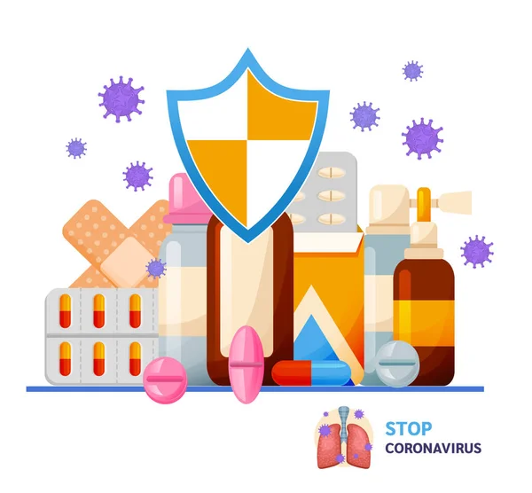 Skydd mot coronavirus med olika medicinska piller och flaskor. — Stock vektor