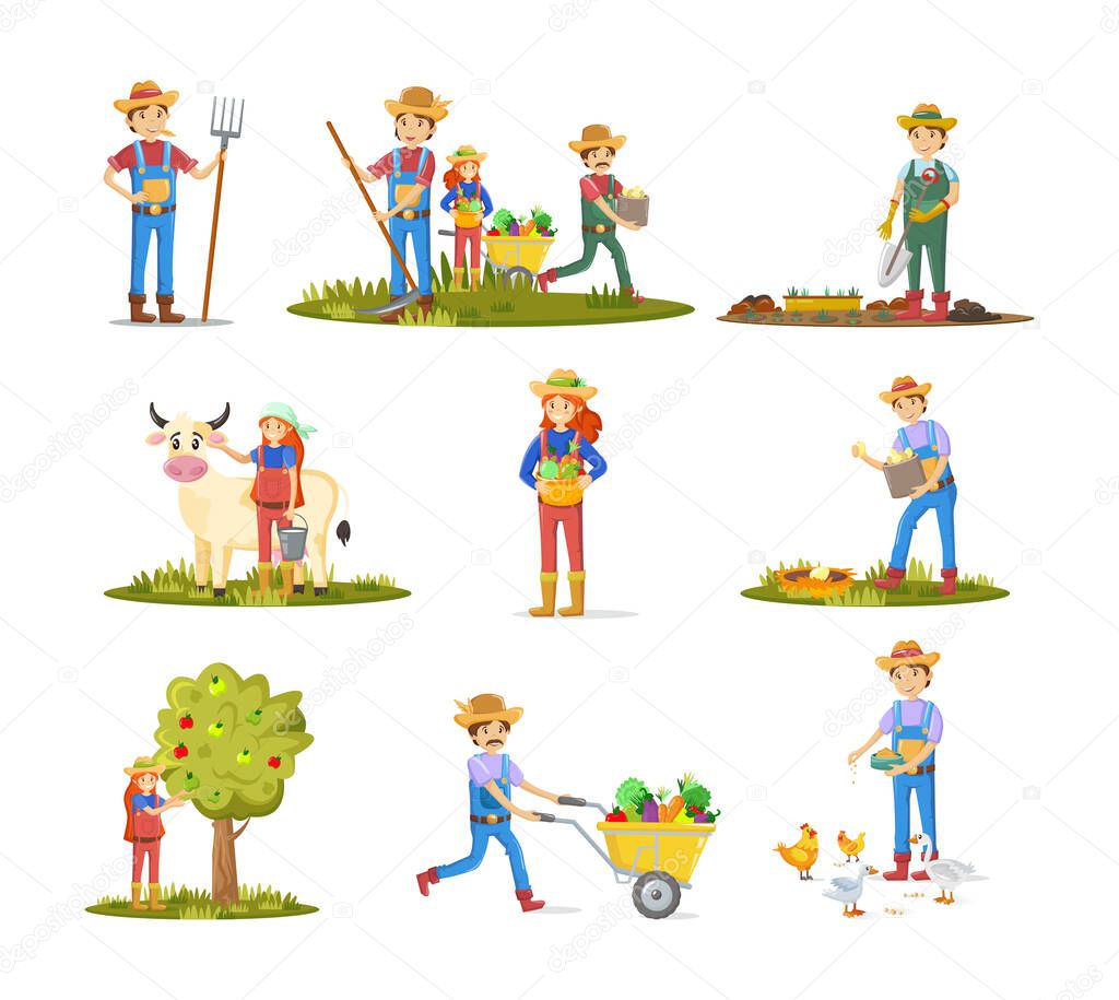 Farmers, agricultural work characters. Agriculture, livestock, poultry farming, organic farm.