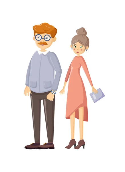 Feliz pareja de ancianos en caminata conjunta. Familia feliz, relación, amistad . — Vector de stock