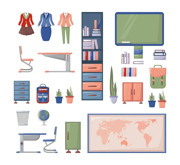 Mobiliario escolar, aula de escritorio, mapa, estantería, mochila , — Vector de stock