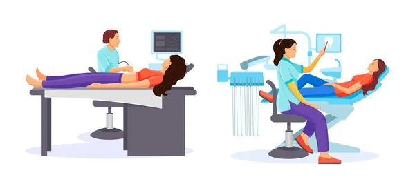 Procedure for examining ultrasound in patient. Dentist doing medical examination. — Stock Vector