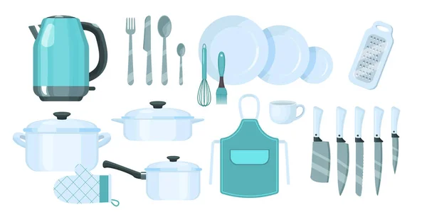 Набір кухонного посуду, сучасне кухонне начиння . — стоковий вектор