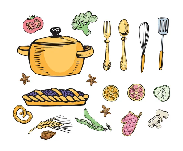 厨房用具,手绘炊具.素描风格的图标. — 图库矢量图片