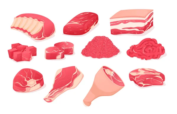 Set fragments of pork, beef meat. Assortment of meat slices. — Stock Vector