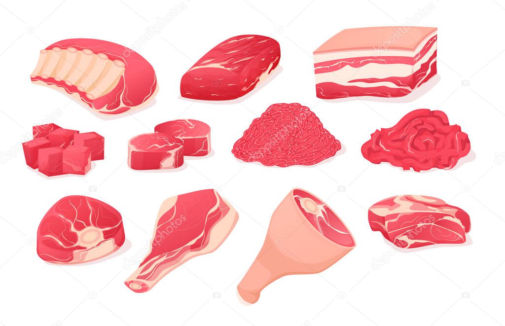 Set fragments of pork, beef meat. Assortment of meat slices.